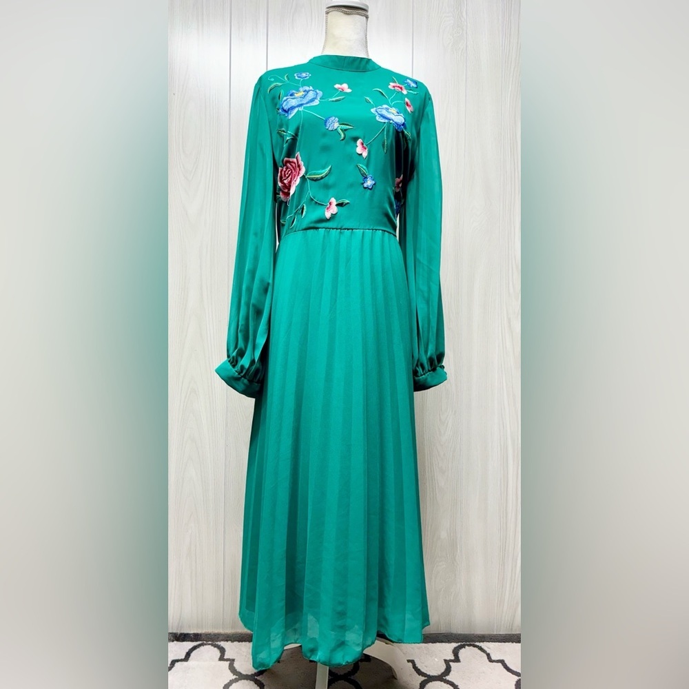 ASOS DESIGN high neck pleated long sleeve skate midi dress with embroidery
